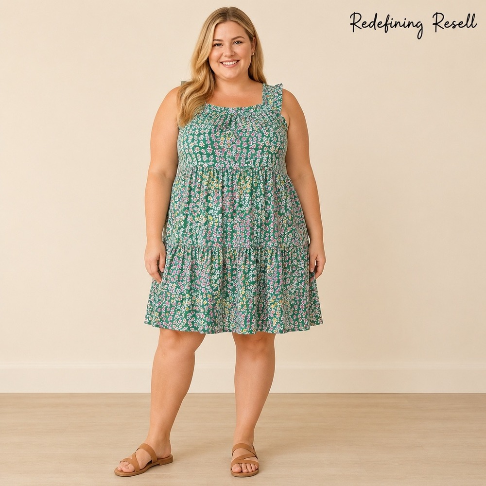 Wonderly Green Ditsy Floral Tiered Babydoll Mini Dress Plus Size 3X Sleeveless